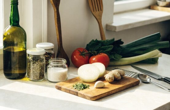 Fresh ingredients for home cooking on a kitchen counter with natural light