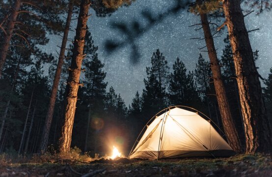 Cozy camping tent glowing warmly beside a campfire under a starry night sky