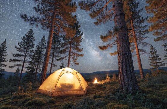 Cozy illuminated tent under a starry night sky with Milky Way and campfire