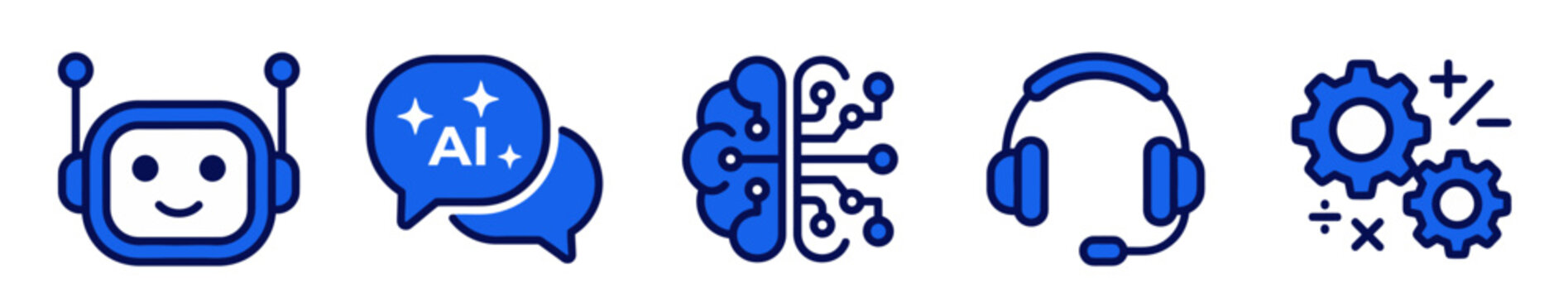 Artificial Intelligence and Tech Support Vector Icon Set, Filled Outline Blue Icons for AI Chatbot, Digital Assistant, Cybernetic Brain, Headphones, and Algorithm Concepts