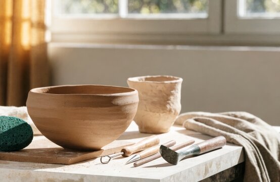 Natural light over pottery workspace with tools and clay creations