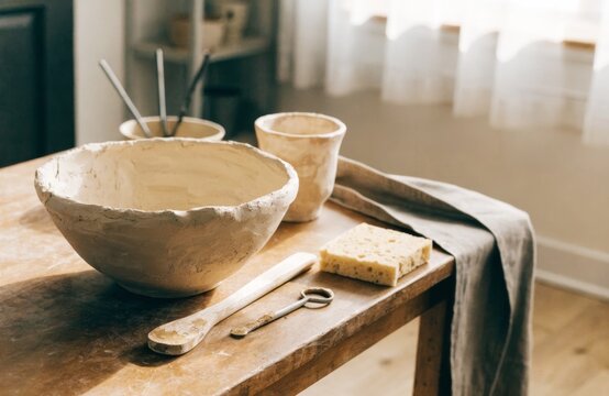 Charming home pottery workspace featuring handcrafted bowls and tools
