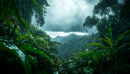 Obraz premium Lush Tropical Rainforest With Misty Mountains