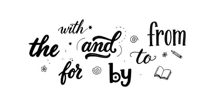 Prepositions and Conjunctions in Handwritten Typography with Decorative Elements Featuring Stars, Swirls, Pencil with Book