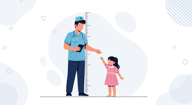 Doctor measures child's height using a stadiometer in a medical check-up, symbolizing growth and healthcare for children.