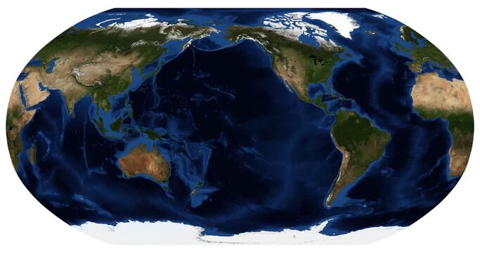 World Map in Robinson Projection. Animated longitude shift rotation of Earth's physical map. Detailed global view. June View. Elements of this video furnished by NASA.