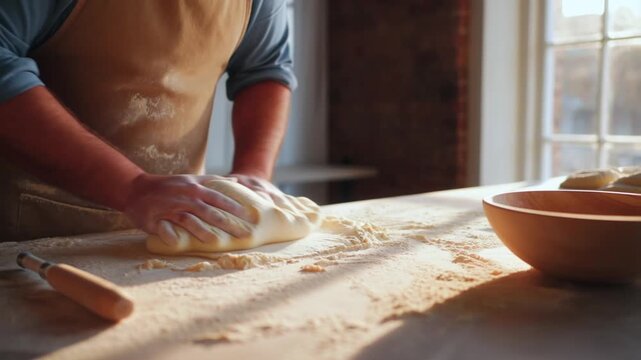 In a bright, rustic kitchen, a baker in an apron meticulously kneads fresh dough on a flour-covered wooden table, bathed in warm natural sunlight.