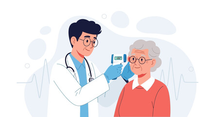 Fototapeta premium Doctor takes temperature of elderly patient with digital thermometer, medical check-up concept illustration