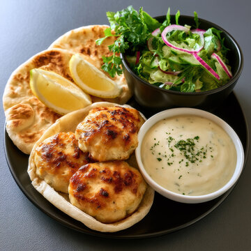 Chicken roll with naan, fresh salad, lemon wedges, and creamy sauce on black plate, vibrant and appetizing meal presentation