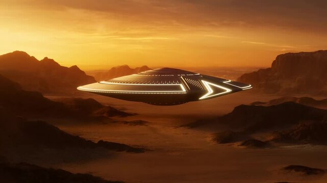Futuristic flying saucer hovering over a desert landscape at sunset. Represents exploration, technology, and the unknown in science fiction