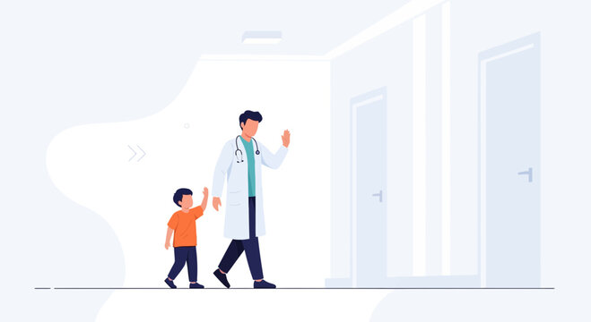 Doctor walking with child, waving goodbye in bright clinic hallway with doors