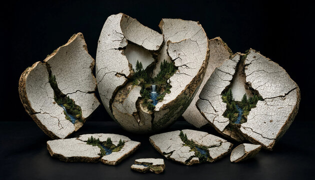 A broken, cracked white ceramic egg shell revealing a lush, miniature pine forest landscape with a small waterfall inside on a black background