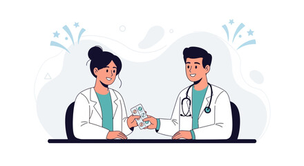 Fototapeta premium Doctors in Lab Coats with Pills, Modern Illustration of Healthcare and Medical Consultation
