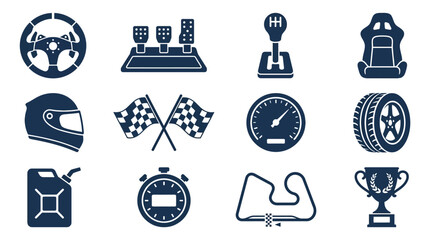 Obraz premium Includes: steering wheel, racing pedal, gear shifter, racing seat, helmet, checkered flag, speedometer, tire, fuel can, stopwatch, track map, trophy cup.