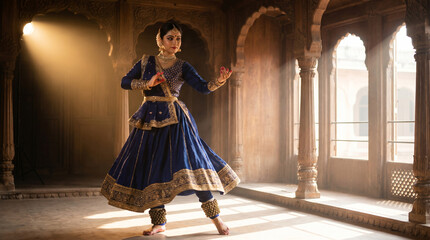 Obraz premium Indian Woman Performing Kathak Dance in Ornate Hall with Sunbeams