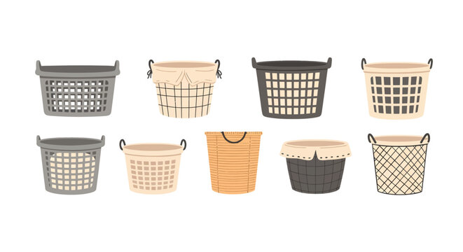 Collection of Various Empty Laundry Baskets and Hampers for Storage and Organization