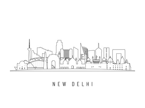 Detailed New Delhi skyline vector illustration. New Delhi buildings in line art style, perfect for modern designs.
