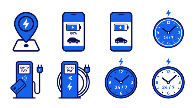 Electric Vehicle EV Charging Station Vector Icon Set, Filled Outline Blue Icons for Electric Car Battery, Smartphone App, Map Pin Location, and Tap to Pay Concepts