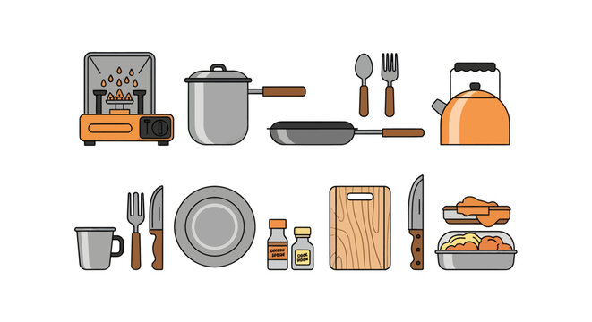 Cooking and kitchen utensils set including pan stove kettle cutlery plate chopping board bottles coffee bowls eggs ingredients