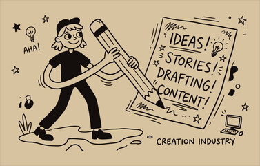 Content creation industry concept featuring a creative girl with rubber hose arms writing ideas and stories with a giant pencil