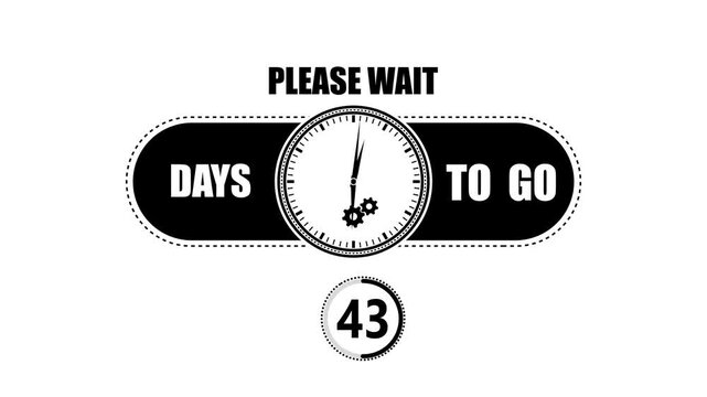 Black and white countdown showing forty three days to go with a clock face and gear on a clean isolated white background