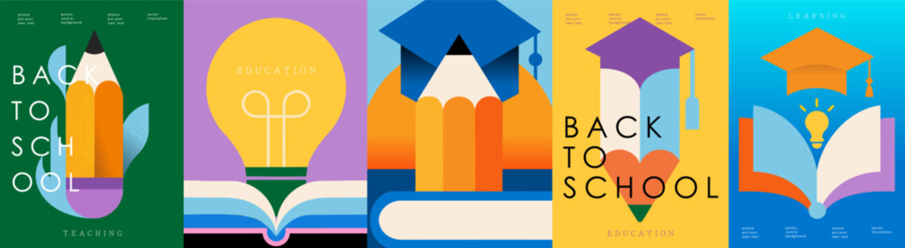 Back to school. Education. Vector abstract minimal illustrations of a pencil, books, graduation cap, light bulb, and geometric shapes for icons, teaching background, learning poster, and academic desi
