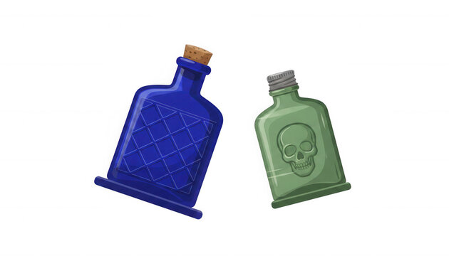 Two Potion Bottles One Blue One Green with Skull