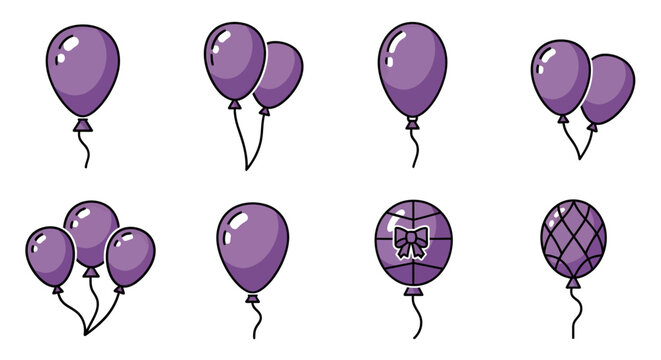 Cute cartoon purple balloons, party decoration for celebration, festive event, birthday, anniversary, wedding, carnival, fun, bright, cheerful, wedding, decoration, party supply, celebration, joyous