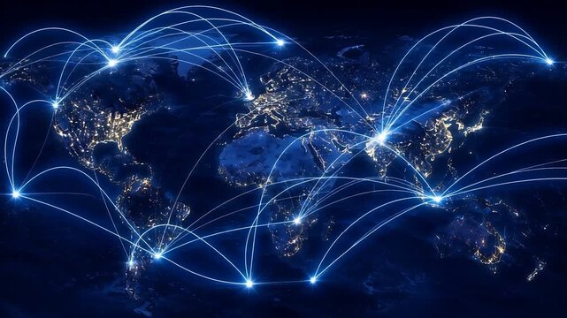 Global Business Network with Digital Infrastructure and Connected Cities World Map and Data Communication Flow