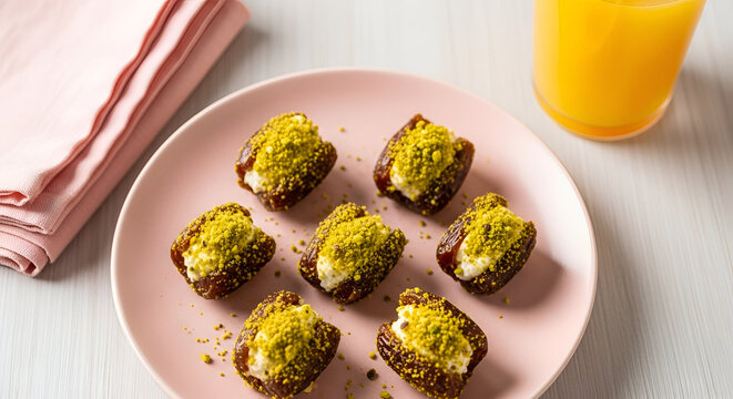 Pistachio Topped Date Bites on Shell Plate
Cream Cheese Stuffed Date Treats
Seven Pistachio Dessert Bites