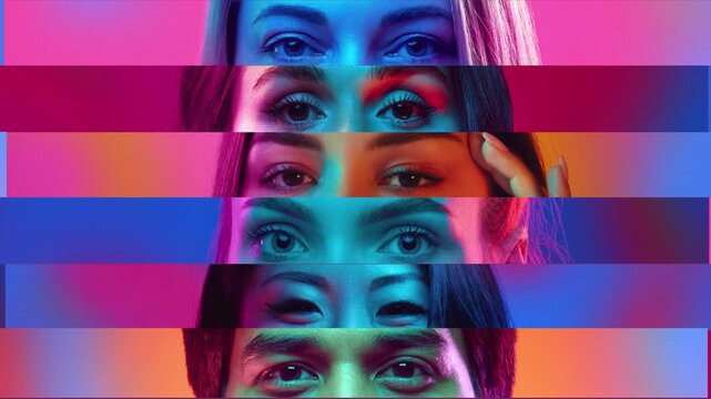 Neon collage of diverse eyes in horizontal color strips. Concept of beauty ads, identity campaigns, privacy articles, fashion banners and inclusive digital design.