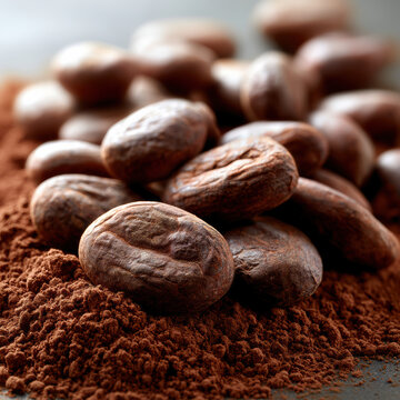 Cocoa bean cocoa powder brown organic natural ingredient closeup food texture aromatic healthy raw agriculture tropical