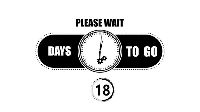Black and white countdown showing eighteen days to go with a clock face and gear on a clean white background for event planning