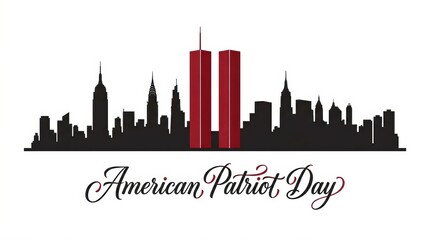 Obraz premium Silhouette of the New York City skyline featuring the World Trade Center Twin Towers in a clean vector illustration style. Commemorative Patriot Day banner design marking 09.11.2001.