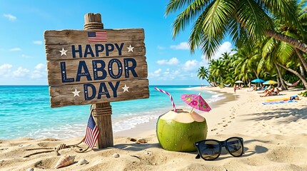 Labor day wooden sign on a tropical beach with coconut cocktail and sunglasses tropical cocktail sunglasses vacation patriotic