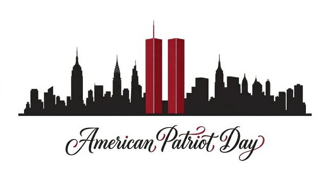 Silhouette of the New York City skyline featuring the World Trade Center Twin Towers in a clean vector illustration style. Commemorative Patriot Day banner design marking 09.11.2001.