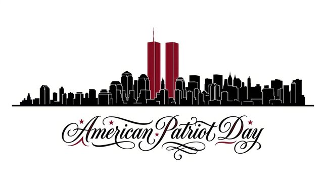 Silhouette of the New York City skyline featuring the World Trade Center Twin Towers in a clean vector illustration style. Commemorative Patriot Day banner design marking 09.11.2001.