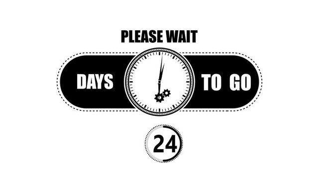 Black and white countdown featuring a clock face with twenty four days to go text and gear on a clean isolated white background
