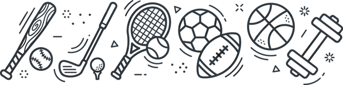 Horizontal banner vector composition of line art sports equipment and fitness items isolated on a clean white background.
