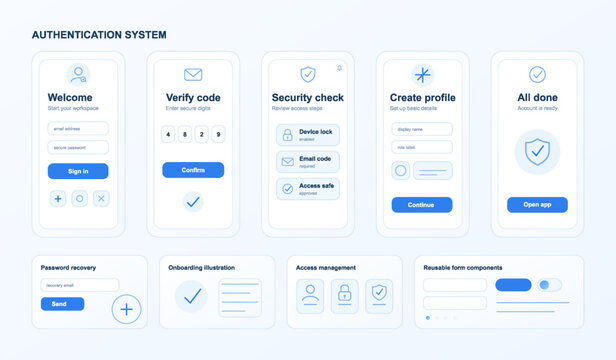 Mobile app user authentication system interface screens