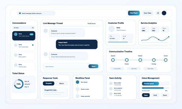 Customer support dashboard displaying chat interactions and analytics