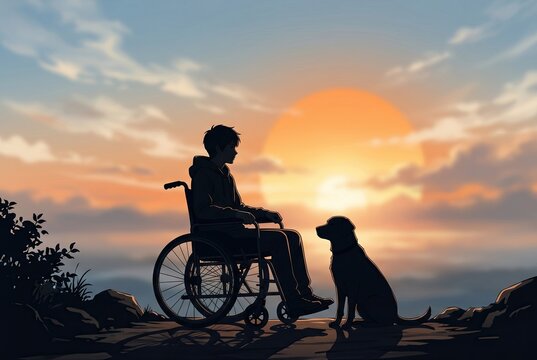 Generated AI Silhouette of a boy in a wheelchair watching the sunset with his faithful dog on a cliff