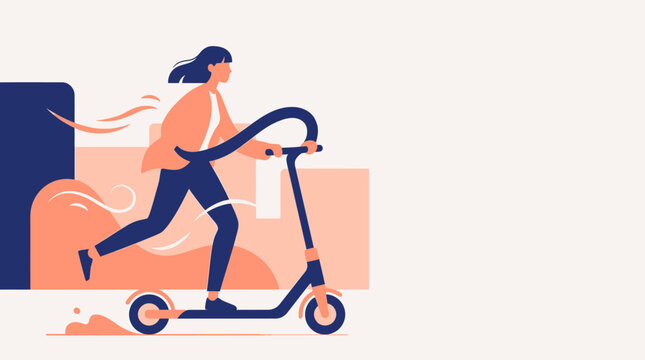 Flat vector illustration of a woman riding an electric scooter for urban commuting and eco-friendly travel.