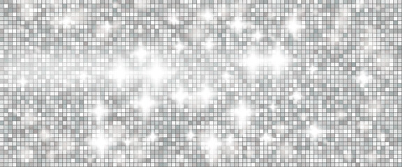 Fototapeta na wymiar Grey glitter disco ball backdrop with mosaic mirror tile for night club poster. Shiny grey sequin texture and silver glitter sparkle. Vector pattern with shimmer on bright accents and Christmas bg