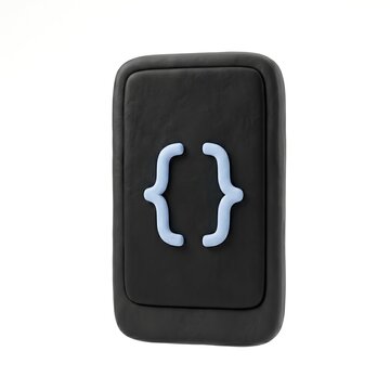 3D claymorphism icon with light blue curly braces on black tablet isolated on white background