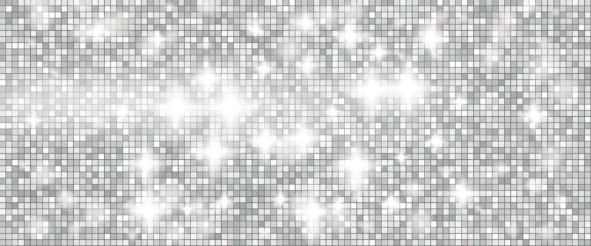Grey glitter disco ball backdrop with mosaic mirror tile for night club poster. Shiny grey sequin texture and silver glitter sparkle. Vector pattern with shimmer on bright accents and Christmas bg