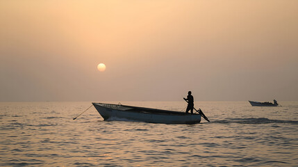 Fototapeta premium A lone fisherman steers his small boat across the calm sea at sunset, with another boat in the distance.