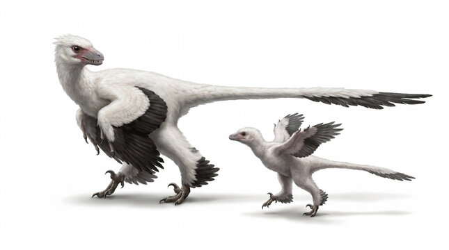 Microraptor zhaoianus adult interacting gently with a juvenile, displaying natural parental or social behavior and accurate feathered anatomy in a detailed scientific paleontological reconstruction is