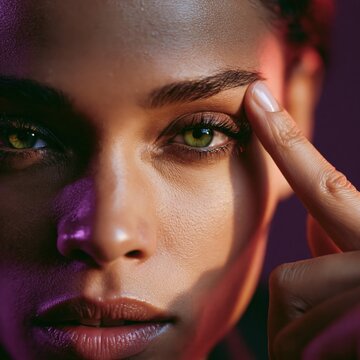 Tight close up portrait of a woman with green eyes touching her eyebrow for beauty banner background and cosmetic skincare promotion