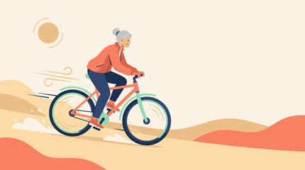 Fototapeta premium Senior woman riding bicycle in sunny landscape, active aging vector illustration.